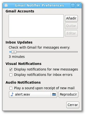 Ventana de preferencias de Gmail Notifier