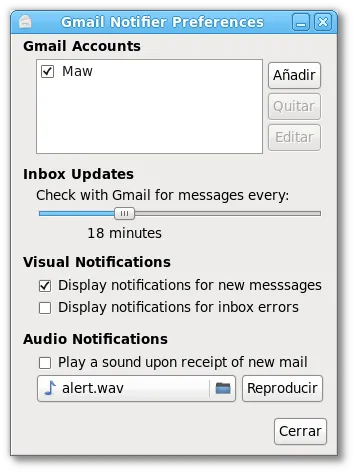 Preferencias de las notificaciones visuales de Gmail Notifier
