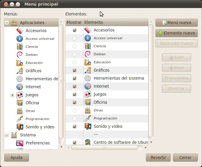 Ventana de Menú Principal de Gnome