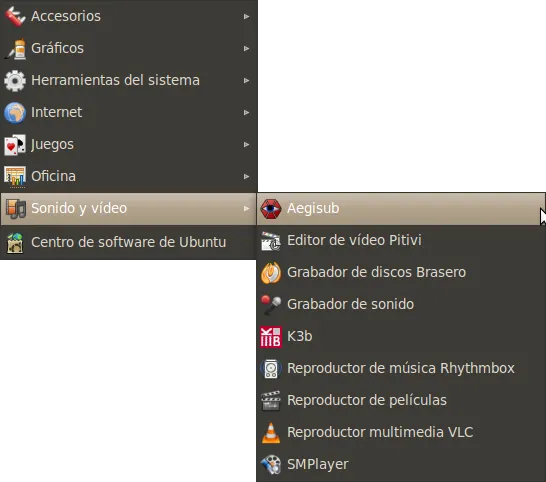 Lanzador de Aegisub en el menú de aplicaciones