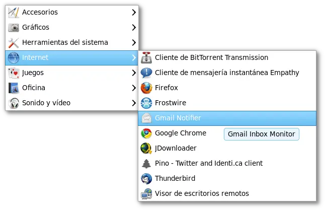 Menú de Aplicaciones con Gmail Notifier
