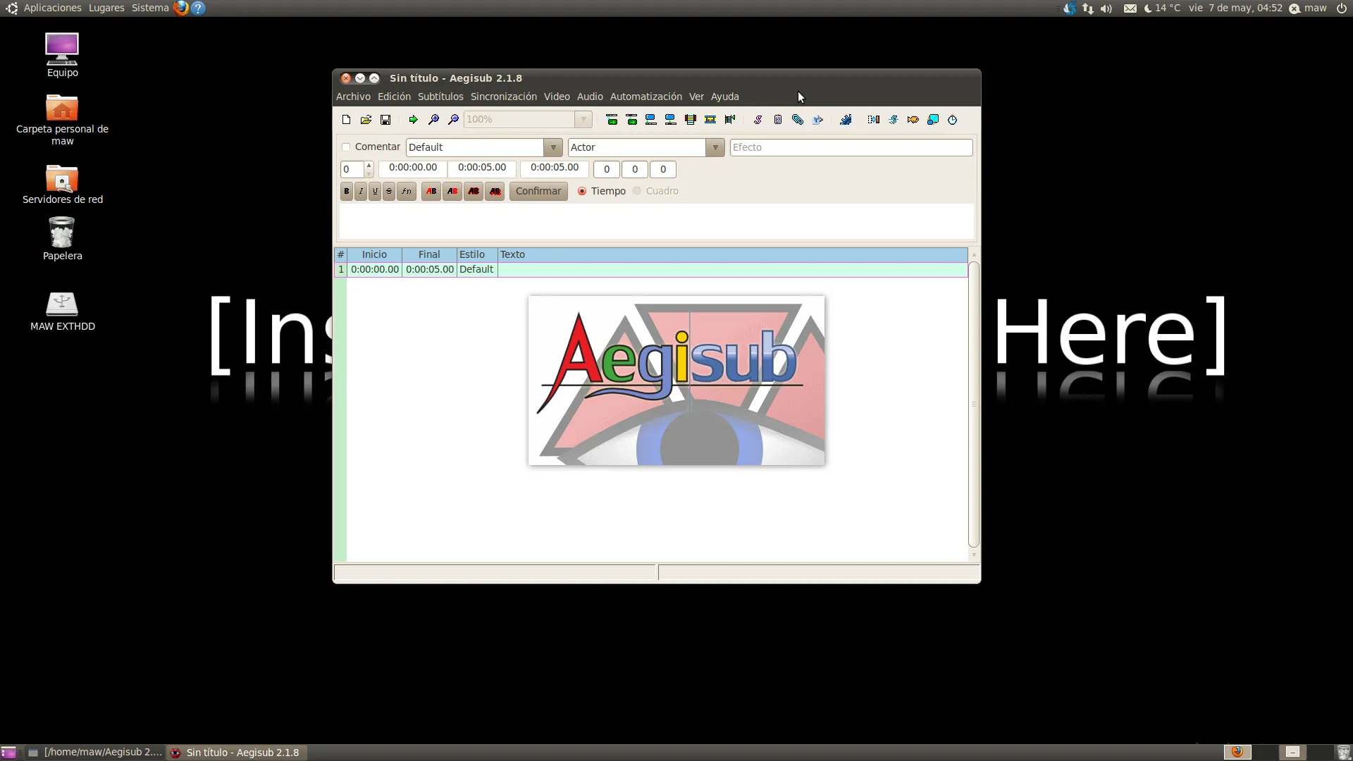 Captura de pantalla de Aegisub en funcionamiento
