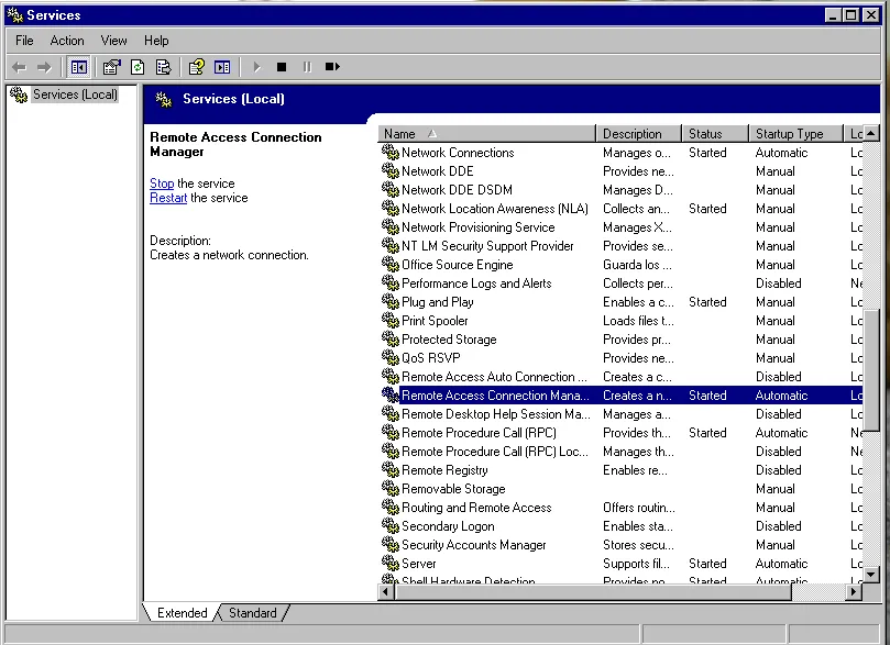 Servicio Remote Access Connection Manager configurado en automático e iniciado